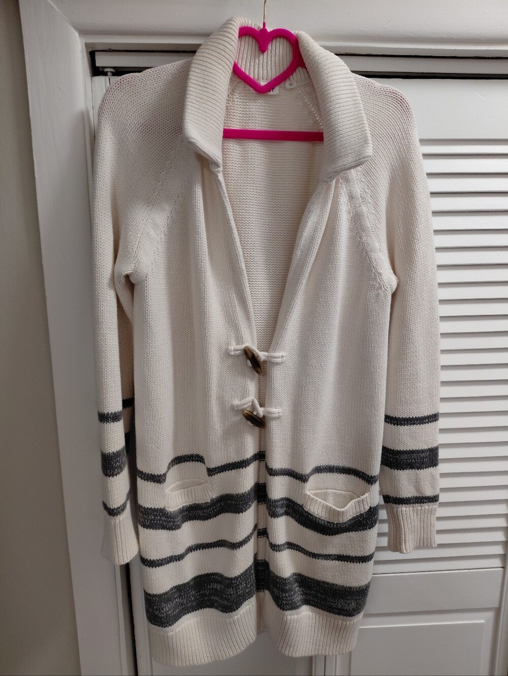 GAP Cream Gray Striped Long Knit Cardigan with Toggle Closure